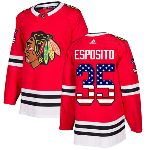 Adidas Blackhawks #35 Tony Esposito Red Home Authentic USA Flag Stitched NHL Jersey - Click Image to Close